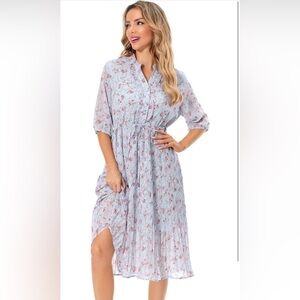 NWT Short Sleeve V-Neck 3/4 Sleeve Button Up Chiffon Floral Pleated Midi
